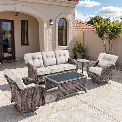 5-Piece Rotating Balcony Chair Set with 31-inch T-Shaped Wide backrest - Rattan Outdoor Rotating Balcony Chairs, Wide backrest Comfortable Outdoor Sliding Chair - Brown | Beige