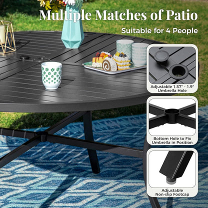 Outdoor Patio Round Dining Table, 42"x 42" Metal Slatted Round Tabletop with Adjustable Umbrella Hole for Deck Lawn Garden Backyard, Black