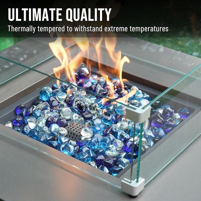Skyflame 10-Pound Blended Fire Glass Diamonds for Fire Pit Fireplace Landscaping, 1/2 Inch Cobalt Blue, Crystal Ice, Caribbean Blue Luster