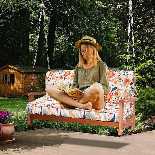 Swing Replacement Cushions with Backrest, 2 or 3 Seater Waterproof Non-Slip Overstuffed Swing Pad, Outdoor Bench Cushion for Porch Chair Swings Garden Furniture (Spring Warmth, 40 * 63 in)