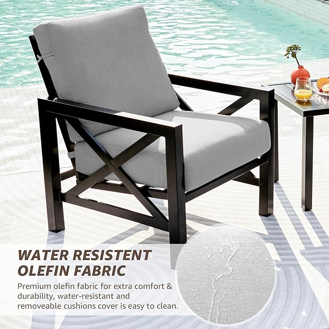 NATURAL EXPRESSIONS 3-Piece Patio Bistro Set, Patio Conversation Furniture Set with 2 Chairs and 1 Metal Coffee Table, 6.5'' Thick Olefin Cushions for Backyard,Porch,Poolside