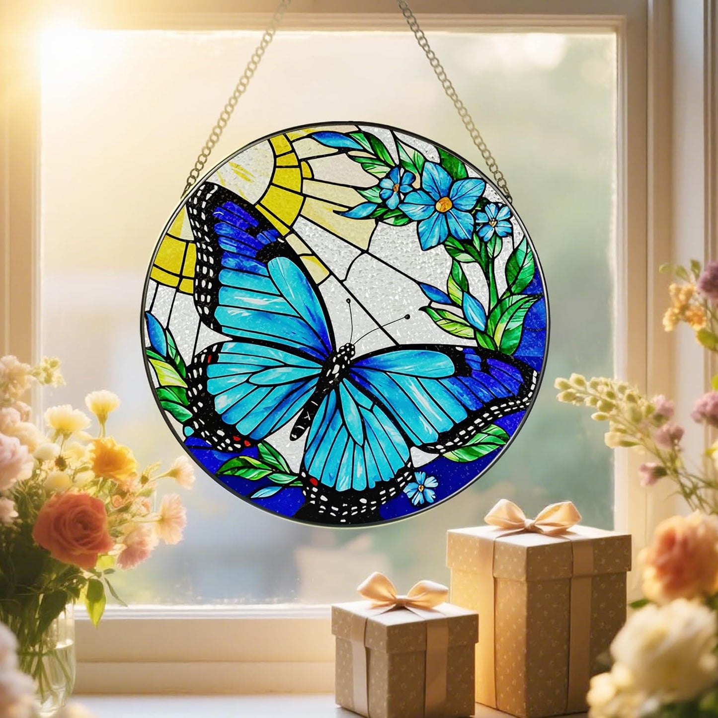 Stained Glass Window Hanging, 8 Inch Sun Catchers Indoor Window, Butterfly Suncatchers for Windows Doors Home Decoration and Christmas, Festival, Housewarming, Mother's Day, Birthday, Gift for Women