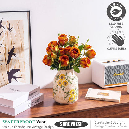 Sunflower Vintage Ceramic Yellow Floral Vase, Beige and Green Chinoiserie Home Decor for Fireplace Mantle, Table Centerpieces, Kitchen Counter, Tuscan, Cute Flower Vase for Living Room Office 7.8 Inch