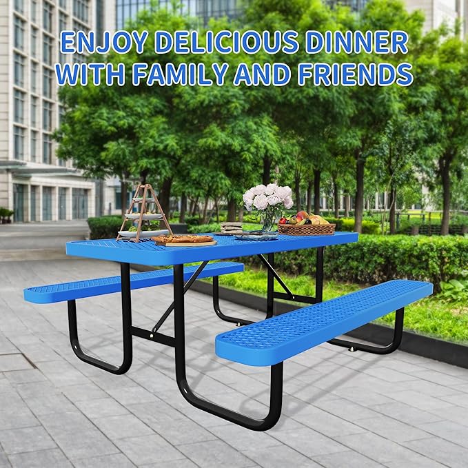 72'' Rectangular Steel Picnic Table for Outdoors,Commercial Metal Picnic Table Bench Set with Umbrella Hole,School Canteen Table W/Seats - Heavy Duty Sturdy Picnic Tables Furniture for Patio Garden