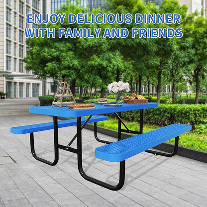 48'' Rectangular Steel Picnic Table for Outdoors,Commercial Metal Picnic Table Bench Set with Umbrella Hole,School Canteen Table W/Seats - Heavy Duty Sturdy Picnic Tables Furniture for Patio Garden