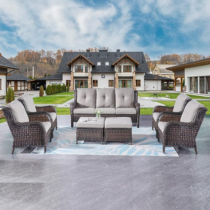 Rilyson Wicker Patio Furniture Set - 7 Piece Rattan Outdoor Sectional Conversation Sets with 1 Sofa,4 Armrest Chairs and 2 Ottomans for Porch Deck Garden(Brown/Grey)