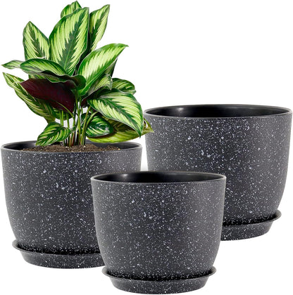 Modern Plant Pots Set, 9/8/7.5 inch Plastic Planters for Indoor Plants, Stylish Flower Pots with Drainage Holes and Saucers for House Plants and Flowers, Black Speckles