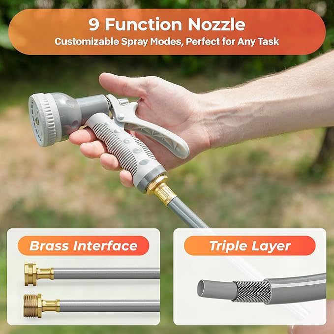 Ayleid Retractable Garden Hose Reel,1/2 in x 100 ft Wall Mounted Hose Reel, with 9- Function Sprayer Nozzle, Any Length Lock/Slow Return System/Wall Mounted/180°Swivel Bracket (Grey)