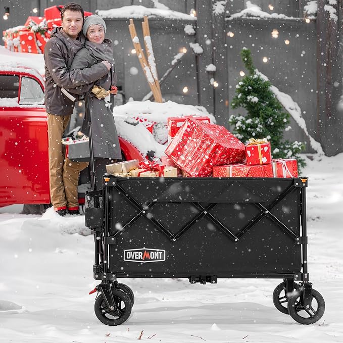 Overmont Ultra-Compact Collapsible Wagon Cart -200L Portable Folding Wagon with All-Terrain Wheels Utility for Beach, Grocery Shopping, Camping, and Gardening – 330lbs Load Capacity Black