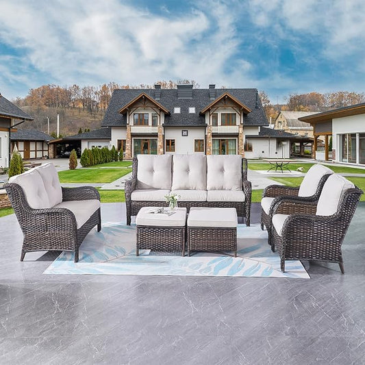 Rilyson Wicker Patio Furniture Set - 6 Piece Rattan Outdoor Sectional Conversation Sets with 1 Sofa,1 Loveseat,2 Armrest Chairs and 2 Ottomans for Porch Deck Garden(Brown/Beige)