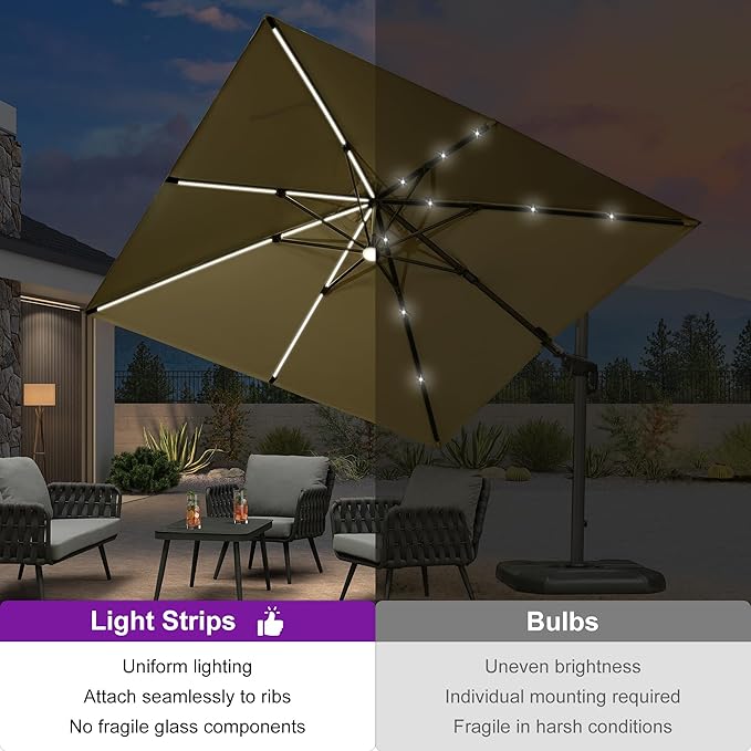 PURPLE LEAF 10 Feet Patio Umbrella Outdoor Cantilever Solar Powered LED Swivel Square Umbrella Aluminum Offset Umbrella with 360-degree Rotation for Garden Deck Pool Patio, Beige