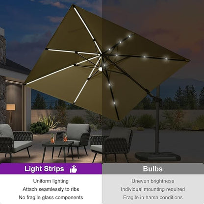 PURPLE LEAF 10 Feet Patio Umbrella Outdoor Cantilever Solar Powered LED Swivel Square Umbrella Aluminum Offset Umbrella with 360-degree Rotation for Garden Deck Pool Patio, Beige