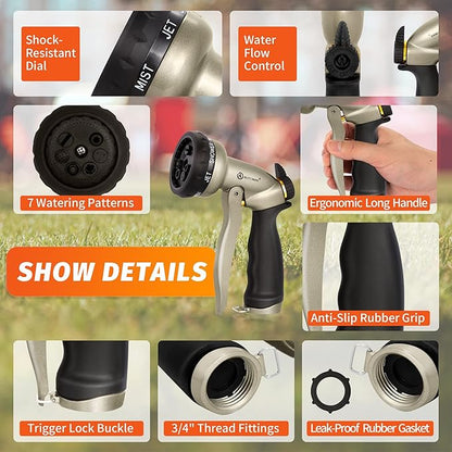AUTOMAN Garden Hose Nozzle - 7 Patterns Sprayer, 100% Metal High Pressure Spray Nozzle, Labor-Saving Design, Heavy Duty Water Hose Nozzle for Garden Watering, Car Washing, Window Cleaning,Pets Bathing