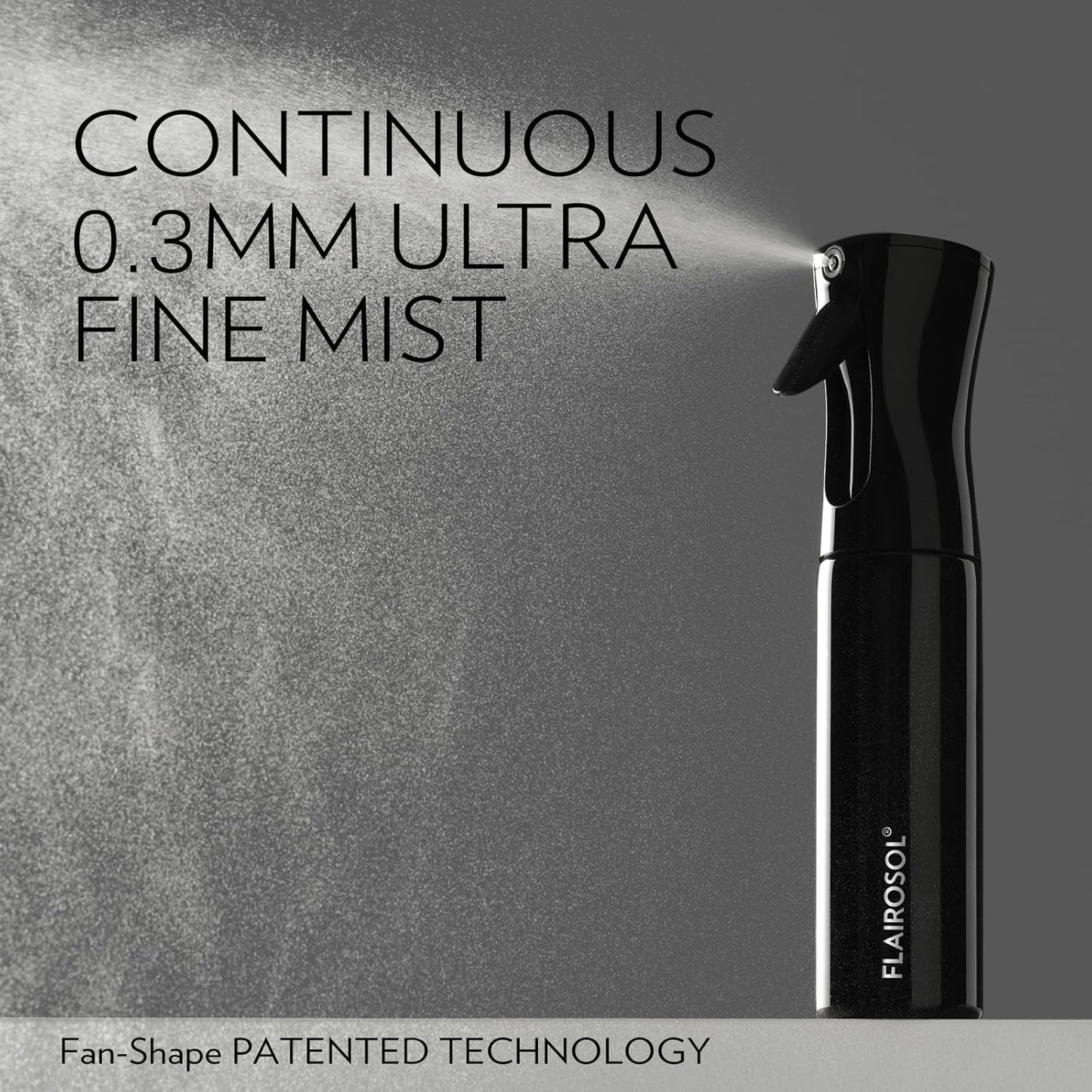 FLAIROSOL Spray Bottle for Hair, Continuous Spray Bottle with 0.3MM Ultra Fine Mist, Water Mister for Hairstyling, Cleaning, Plants, Pets, 10.1oz/300ml, Black Bottle, White Print