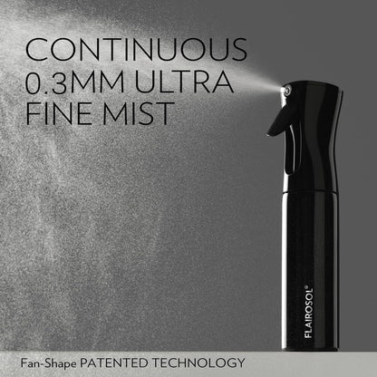 FLAIROSOL Spray Bottle for Hair, Continuous Spray Bottle with 0.3MM Ultra Fine Mist, Water Mister for Hairstyling, Cleaning, Plants, Pets, 10.1oz/300ml, Black Bottle, White Print