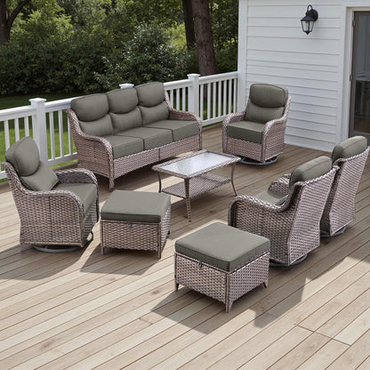 Wicker Outdoor Patio Furniture Set - 8 Piece Patio Conversation Sets with Swivel Rocker Chairs, Ottomans, Sofa and Table, 6 inch Cushions, Deep Seating, for Porch Deck Brown/Grey