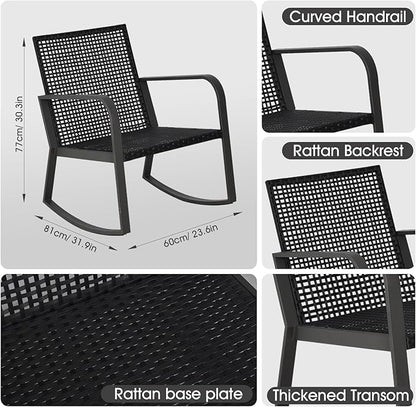 Bistro 3 Piece Patio Furniture Set, Patio Table and Rattan Outdoor Rocking Chairs Set of 2, Outdoor Bistro Conversation Set for, Garden, Balcony, Poolside, Backyard, Beige