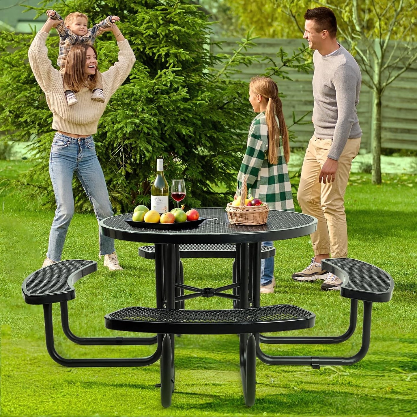 Heavy-Duty Park Bench or Table for Outside - Black Coated Outdoor Furniture Steel Bench, Commercial-Grade Outdoor Benches Weatherproof for Park, Patio, Porch (Black, 46” (Rd. Table))