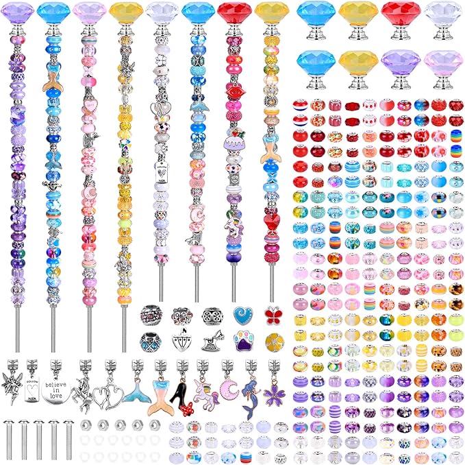 AIPRIDY DIY Fairy Wand Garden Beads Stakes Wands Kit,Multiple Color Scheme European Beads Crystal Diamond Tops and 12 or 10 Inch Threaded Rods,Stainless Steel Stakes with Diamond Toppe(Six Color)
