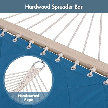 ANOW Quilted Hammock with Spreader Bars and Detachable Pillow, Large Hammock for Outdoors Indoors, 450 LBS Weight Capacity, Blue