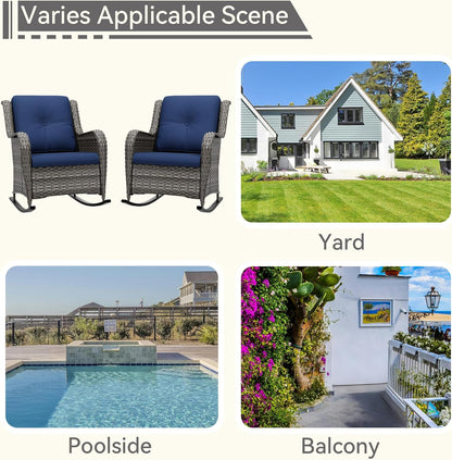 Outdoor Rocking Chair of 2, Wicker Patio Rocker Chair for Yard, Porch, Mixed Brown Grey Rattan, Blue Cushions