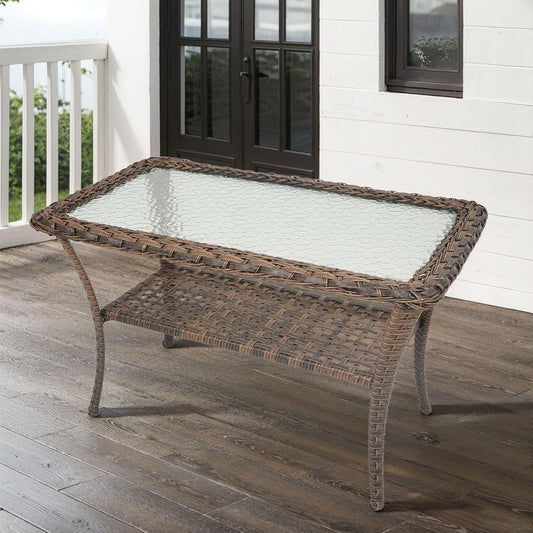 38 Inch Outdoor Coffee Table with 2 Tier Storage - Wicker Coffee Table with Water Ripple Texture Tempered Glass Top, All Weather Patio Coffee Table for Deck Porch Balcony Garden Brown