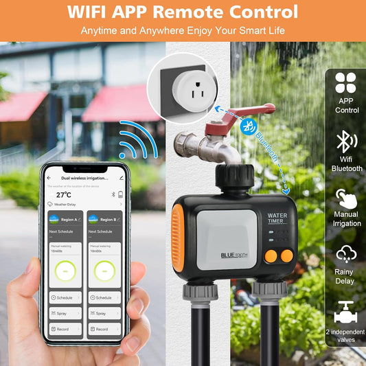 Smart WiFi Water Timer for Garden Hose - 2 Zone Sprinkler Timer with WiFi Hub - Hose Timers for Watering with Rain Delay - Irrigation Sprinkler Controller for Garden Lawns - Works with Alexa
