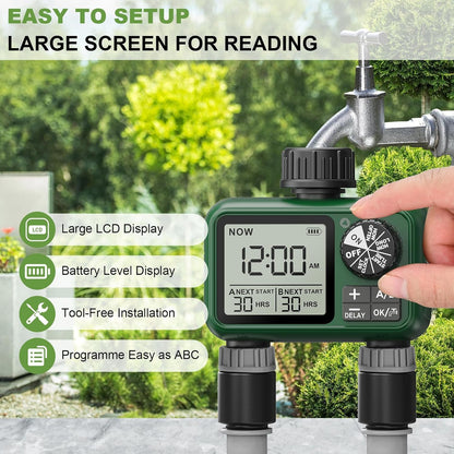 2 Outlet Sprinkler Timer, XinFuture Water Timer, Programmable Garden Hose Timer with Rain Delay, Manual& Automatic Watering System, Waterproof Irrigation Controller for 2 Separate Watering Zones
