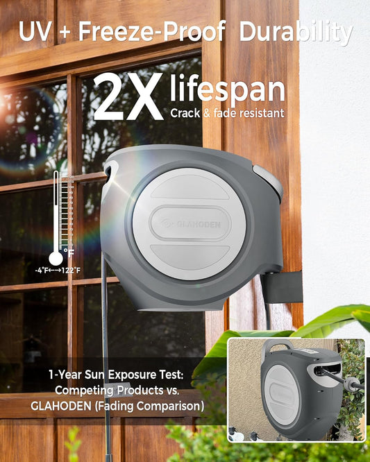 Retractable Garden Hose Reel 5/8 in x 100 ft Upgraded UV Resistant Heavy Duty Automatic Hose Reel Wall Mount 3/4 in Brass Fitting 9 Pattern Nozzle Any Length Lock Slow Retraction