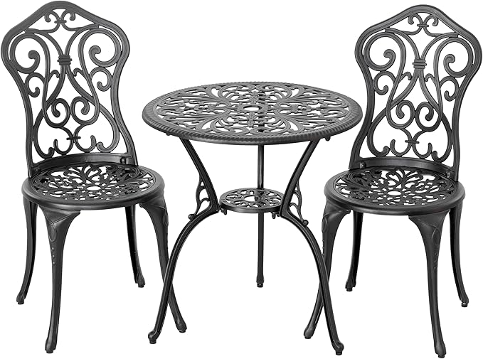 NUU GARDEN 3-Piece Outdoor Bistro Set with 2 Chairs and Round Table with Umbrella Hole, All-Weather Patio Set for Garden, Porch, Lawn, Poolside, Black