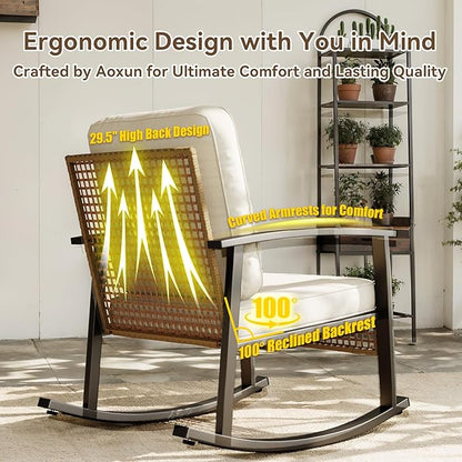 Aoxun 3-Piece Outdoor Rocking Bistro Set, Patio Furniture Set with Coffee Table and Thick Cushions, Wicker Rocking Chairs Set of 2 for Garden, Balcony, Backyard, Poolside (Beige)