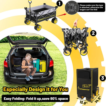 Collapsible Extended Wagon with Big All-Terrain Wheels 350LB& Oversized Outdoor Heavy Duty Utility Garden Cart Foldable Large Beach Wagon for Sand Fishing Camping Portable Grocery Pull Cart