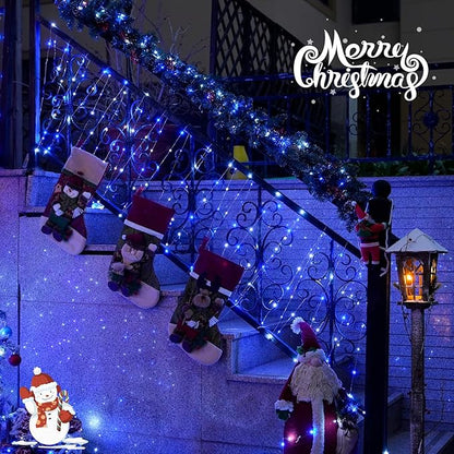 JMEXSUSS 2 Pack Blue and White Solar Christmas Lights, Each 33FT 100 LED Solar String Lights Outdoor Waterproof, 8 Modes Mini Fairy Lights for Outside Yard Patio Christmas Decorations