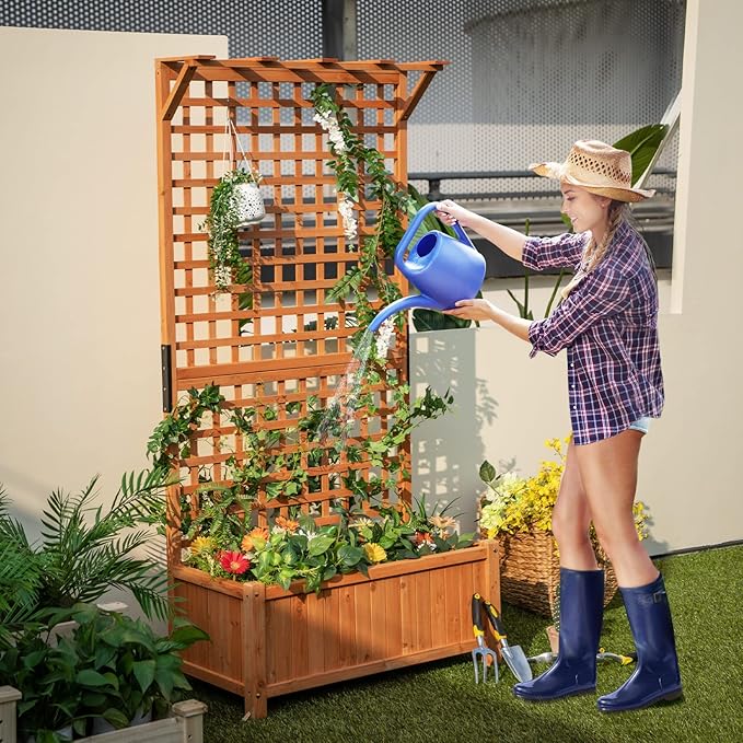 HAPPYGRILL Raised Garden Bed with Trellis, 72.5" Planter Raised Bed with Drainage Holes, Freestanding Garden Box for Vine Climbing Plants, Wooden Planter Box for Yard Balcony (2, Orange)