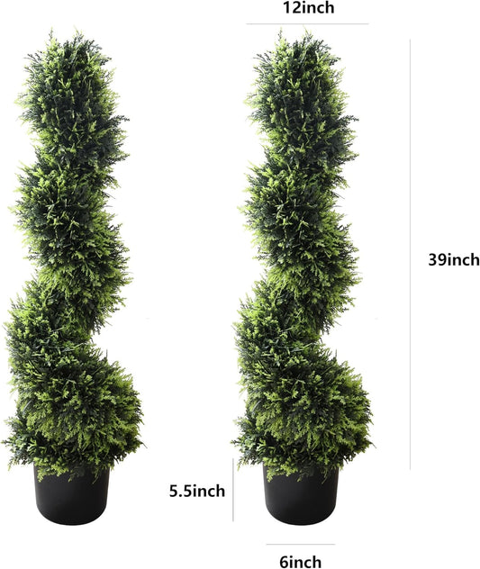 39 inchBoxwood Artificial Cedar Spiral Topiary Trees – Decorative Fake Greenery in Planter Pots for Front Porch, Outdoor Walkway, Entryway Decorating, Set of 2