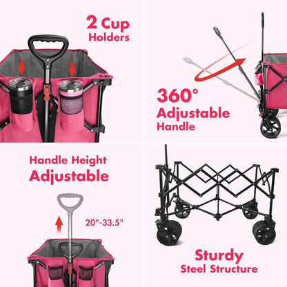 VILLEY Collapsible Folding Wagon with Big Wheels, Enlarged 225lbs Capacity, All Terrain Wagons Carts Heavy Duty Foldable, Portable Utility Garden Cart with 2 Cup Holders and Brake, Pink