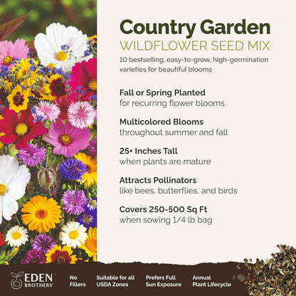 Eden Brothers Country Garden Flower Mixed Seeds for Planting, 1/4 lb, 120,000+ Seeds with Scarlet Flax, Cosmos Sensation | Attracts Pollinators, Plant in Spring or Fall, Zones 3, 4, 5, 6, 7, 8, 9, 10