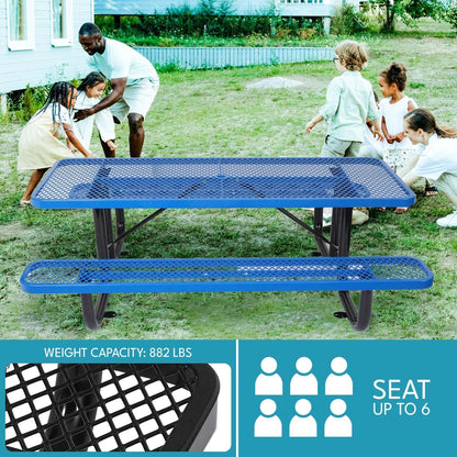 6 ft. Rectangular Outdoor Steel Picnic Table with Umbrella Pole, Heavy-Duty Weather-Resistant Dining Table for Patio, Backyard, and Garden, Rust-Resistant Finish, Blue