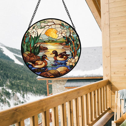 Stained Glass Window Hanging, Ducks in The Pond Sun Catcher for Door Home Decor Landscape Plant Suncatcher Christmas Mother's Day Birthday Gifts for Women Men Mom Nana 11.8 in