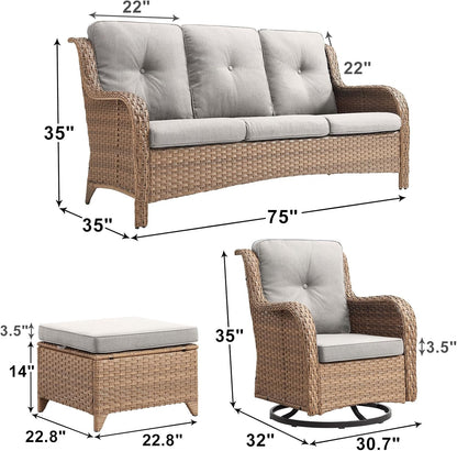 Outdoor Wicker Patio Furniture Set - 5 Piece Rattan Patio Conversation Set with 2 Rocking Swivel Chairs,2 Ottomans and 1 Sofa for Porch Deck Backyard Garden(Yellow/Beige)