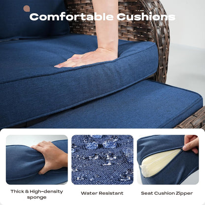 5 Piece Patio Furniture Set - Wicker Balcony Furniture Set with Hidden Ottomans, Rattan Outdoor Patio Chairs with Side Table for Porch Deck Poolside Garden Brown/Blue