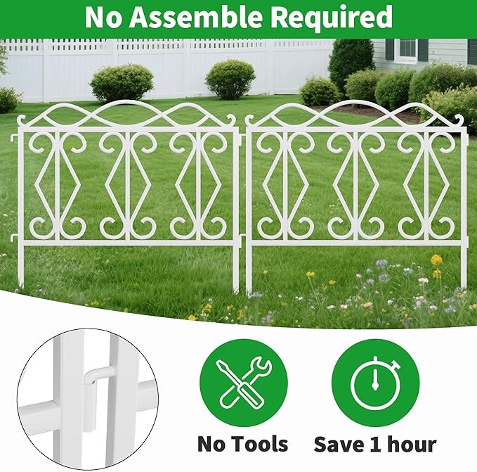 AMAGABELI GARDEN & HOME 5 Panels 24in(H)×10ft(L) Decorative Garden Fences and Borders for Dogs No Dig Rustproof Metal Fence Panels Garden Fence Edging Border Animal Barrier Fencing White