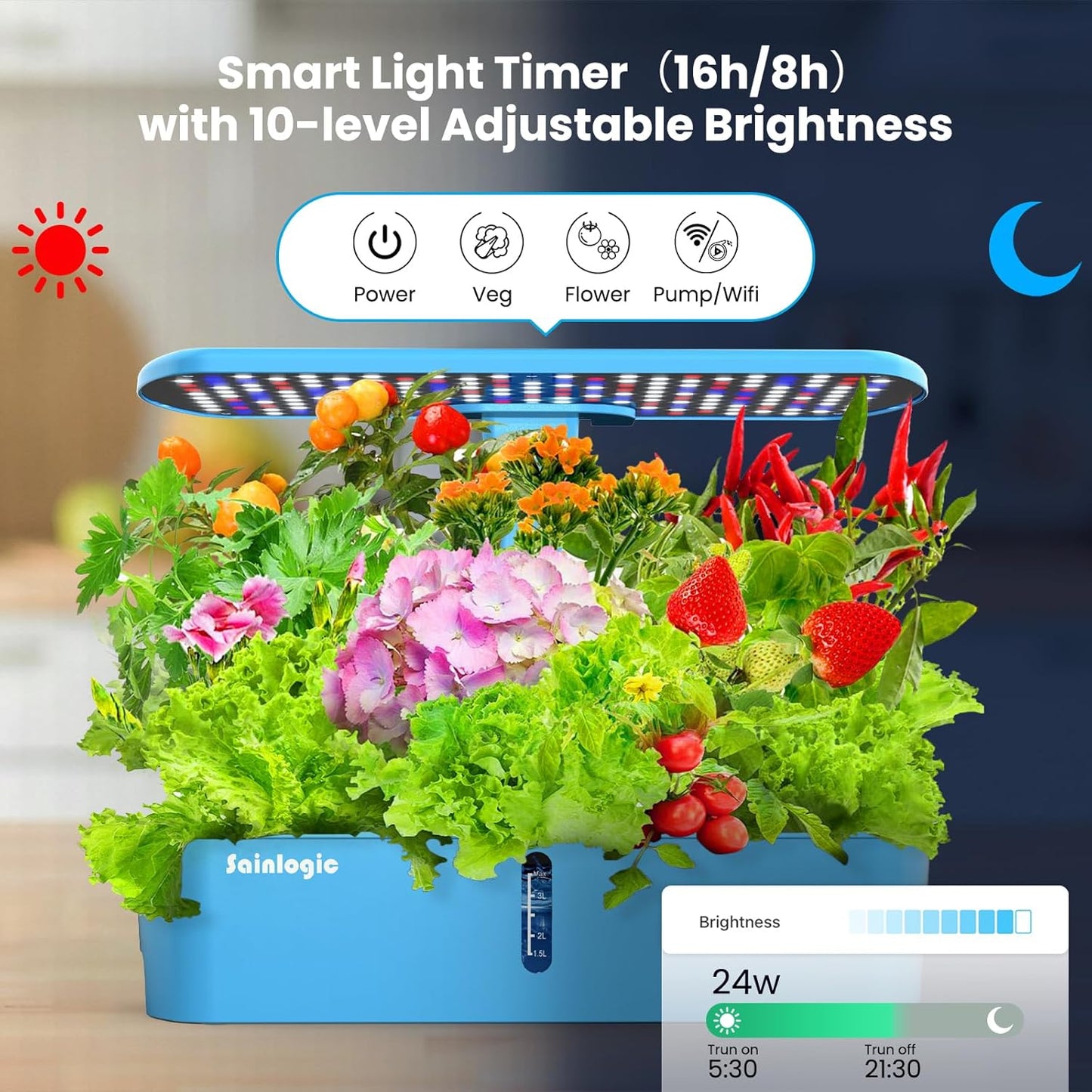Sainlogic Hydroponics Growing System Kit, 12 Pods Watering Planter, Smart Indoor Garden with APP & WiFi Connected, 5 X Growth with 24W LED, Quiet Pump, for Vegetables, Herbs and Flowers
