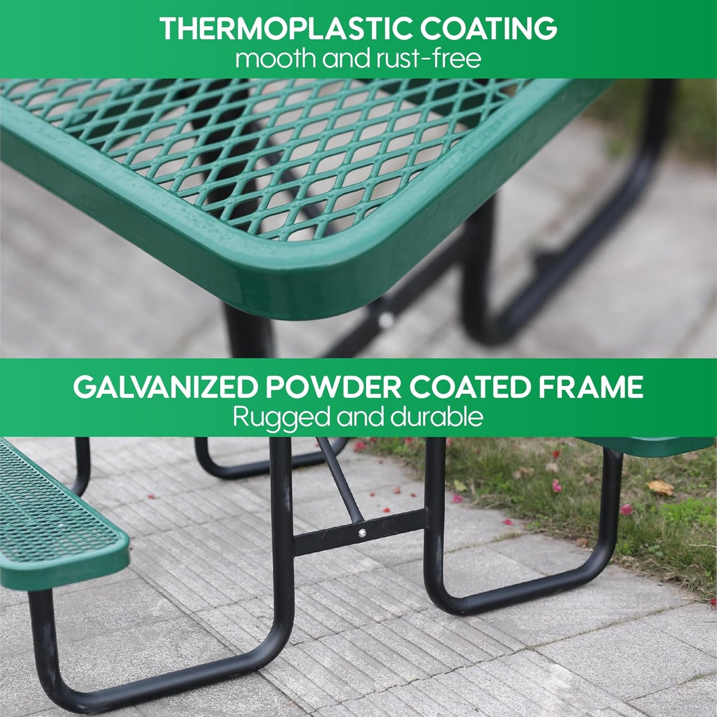 4FT Metal Picnic Tables for Outdoors, Commercial Rectangular Picnic Table and Bench Set for Outside, Patio, Garden, Backyard, Porch, Surface Mount, Green