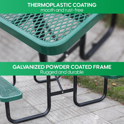 4FT Metal Picnic Tables for Outdoors, Commercial Rectangular Picnic Table and Bench Set for Outside, Patio, Garden, Backyard, Porch, Surface Mount, Green