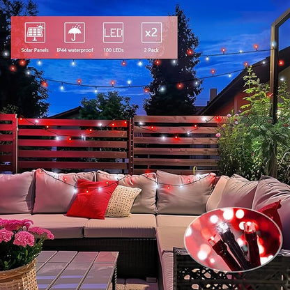 JMEXSUSS 2 Pack Red and White Christmas Lights, Each 100 LED 33ft Solar String Lights Outdoor Waterproof, 8 Modes Green Wire Solar Lights for Outside Tree Garden Patio Party Decoration