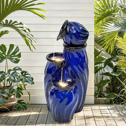 29" Tall Ceramic Water Fountain Outdoor with LED Lights, 4-Tier Cascading Waterfall Garden Fountain, Ideal for Serene Relaxing Patio, Yard or Porch, Cobalt Blue Glaze, Dynamic Wave-Texture