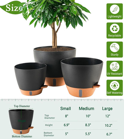 8/10/12 Inch Self Watering Pots for Indoor/Outdoor Plants - Large Plastic Planter with Drainage Holes, Water Level Indicator & Deep Reservoir, Modern Decorative Flower Pots (Black)