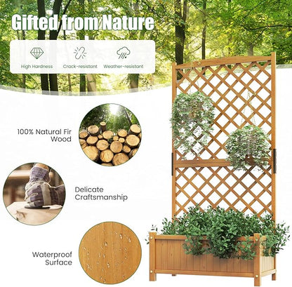 HAPPYGRILL Raised Garden Bed with Trellis, 71" Planter Raised Bed with Drainage Holes, Freestanding Garden Planter for Vine Climbing Plants, Wooden Planter Box for Yard Balcony(1, Yellow)