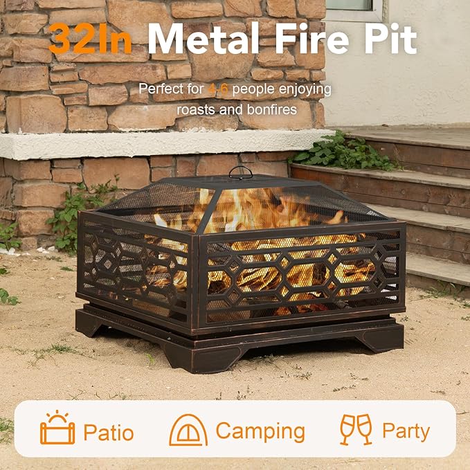 Outdoor Fire Pit, 32 Inch Wood Burning Firepit for Outside with Mesh Cover & Fire Poker, Large Square Metal Fireplace for Patio, Backyard, Garden, Bonfire Party